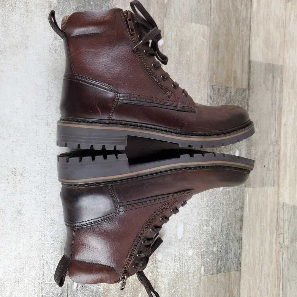 Steve Madden Saal Men Ankle Boot Sz 9 D Brown Leather Lace Up Side Zip Round Toe